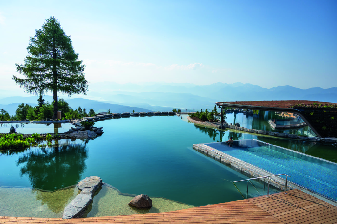 Naturbadeteich mit einzelner Lärche am Ufer, dahinter der Infinity-Pool und die Bergkette